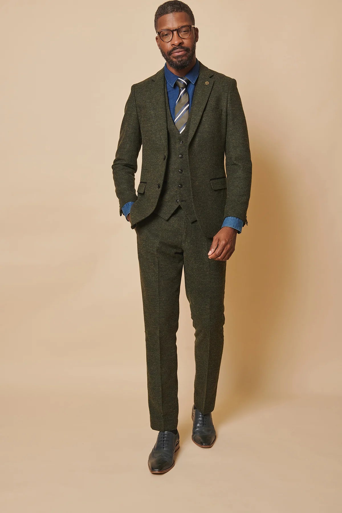 3-piece Men's Suit Tweed Marlow Olive - Marc Darcy