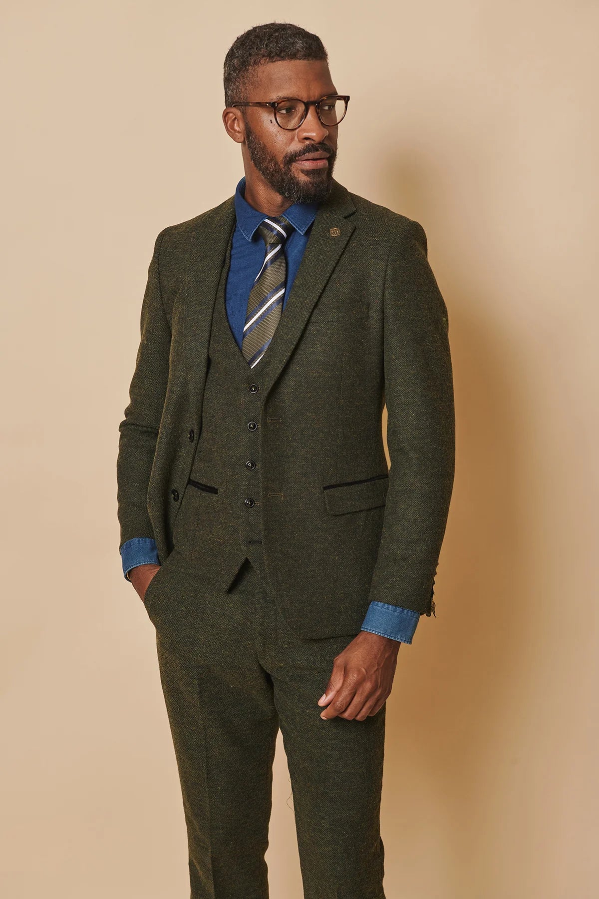 3-piece Men's Suit Tweed Marlow Olive - Marc Darcy