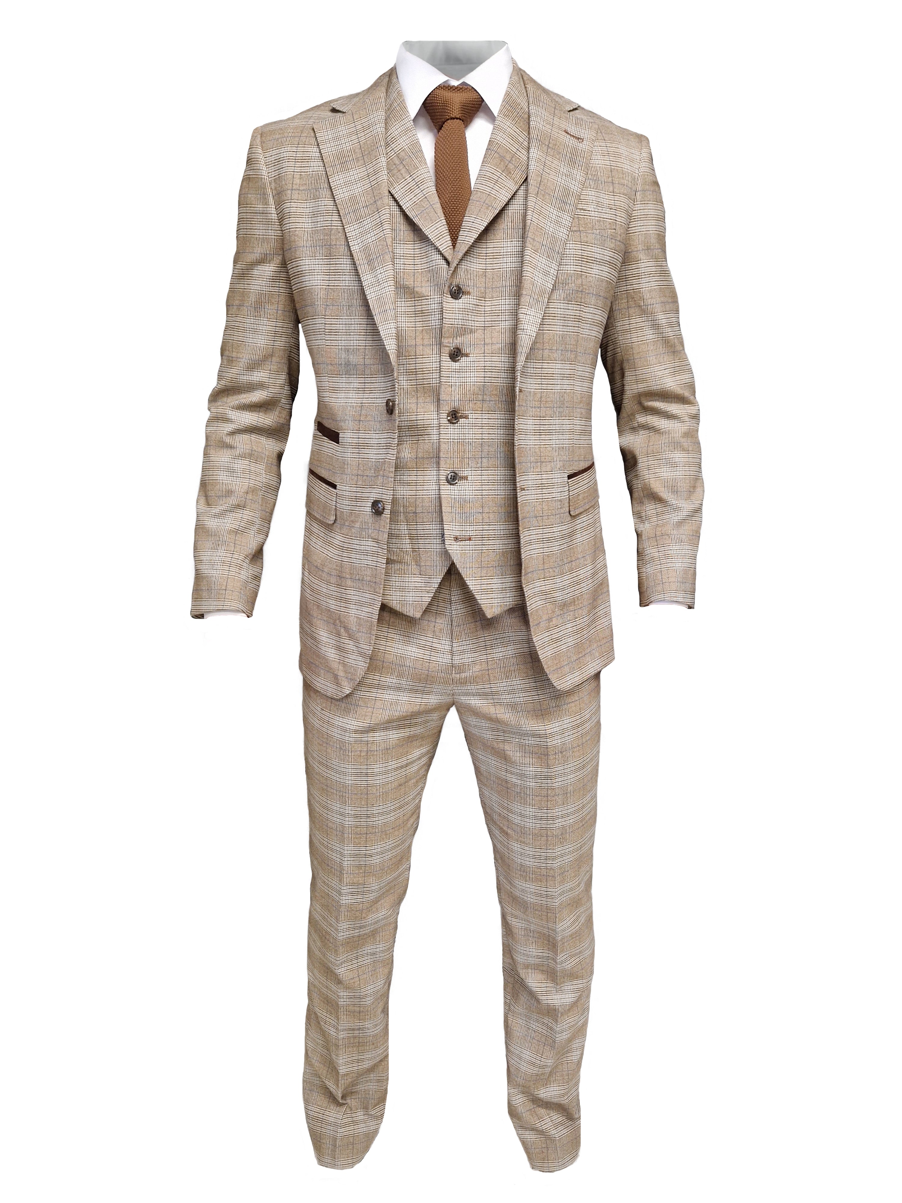 TAVERNY Captain - Men's Three-Piece Checkered Suit in Beige