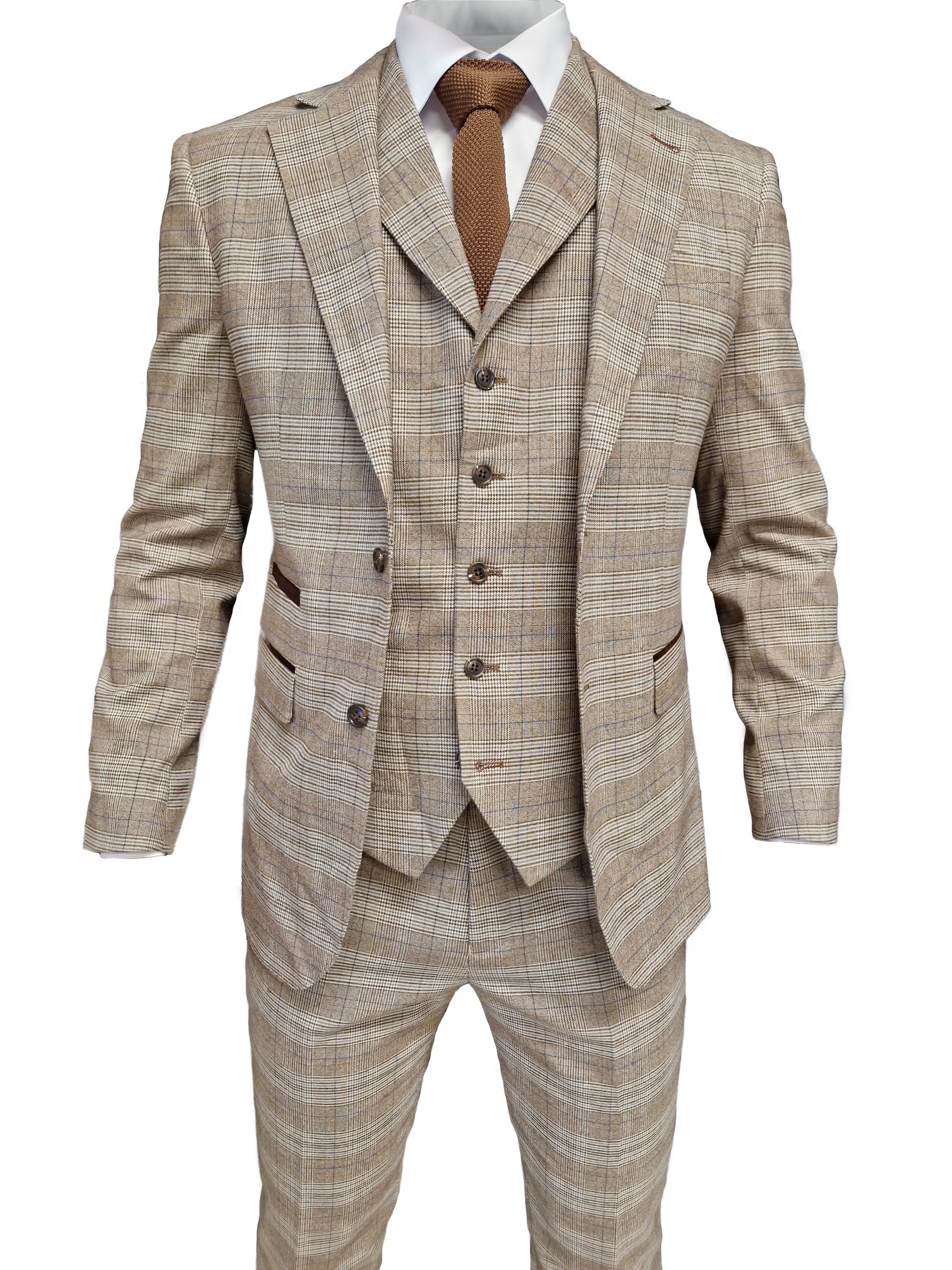 TAVERNY Captain - Men's Three-Piece Checkered Suit in Beige