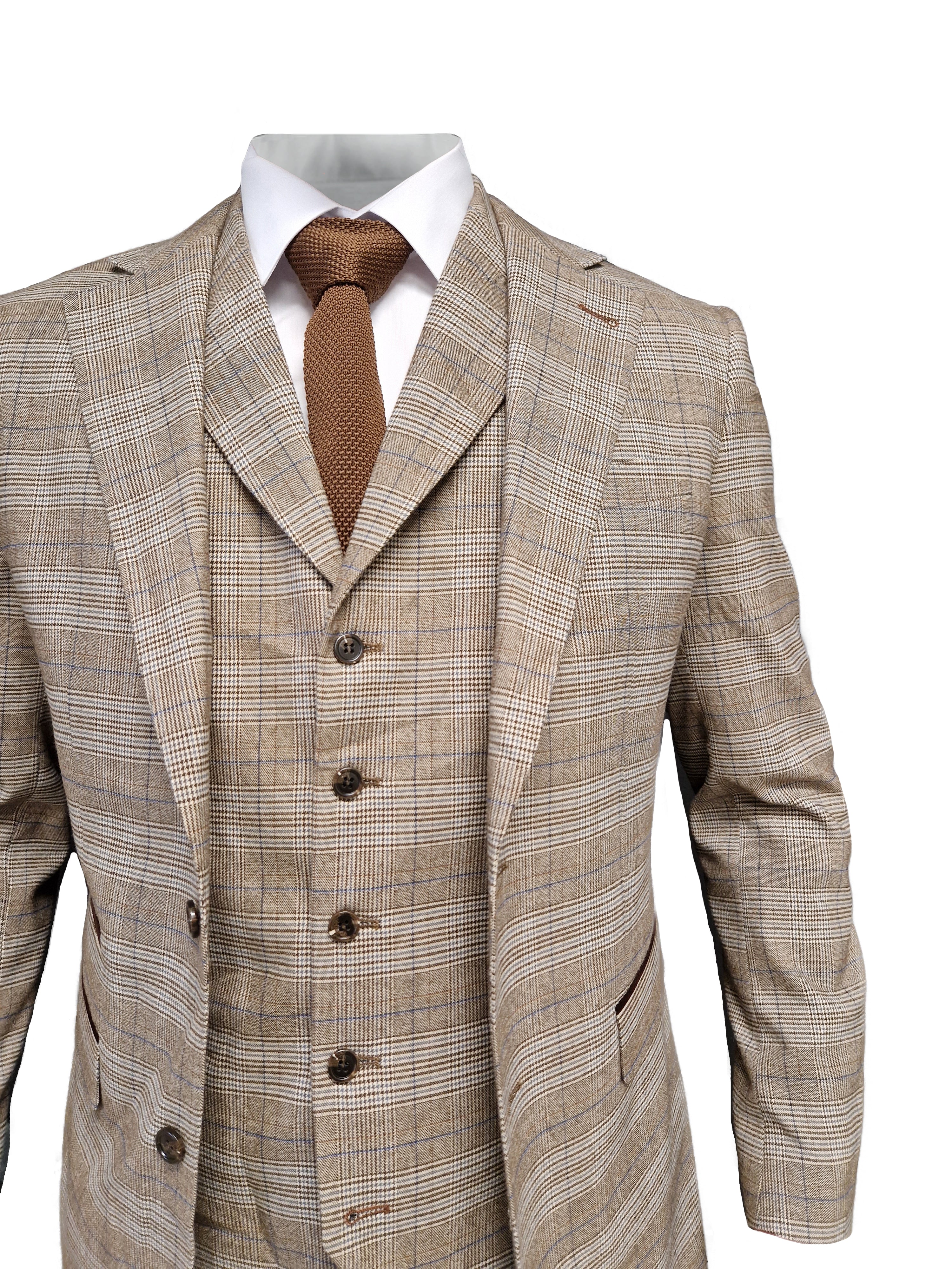 TAVERNY Captain - Men's Three-Piece Checkered Suit in Beige