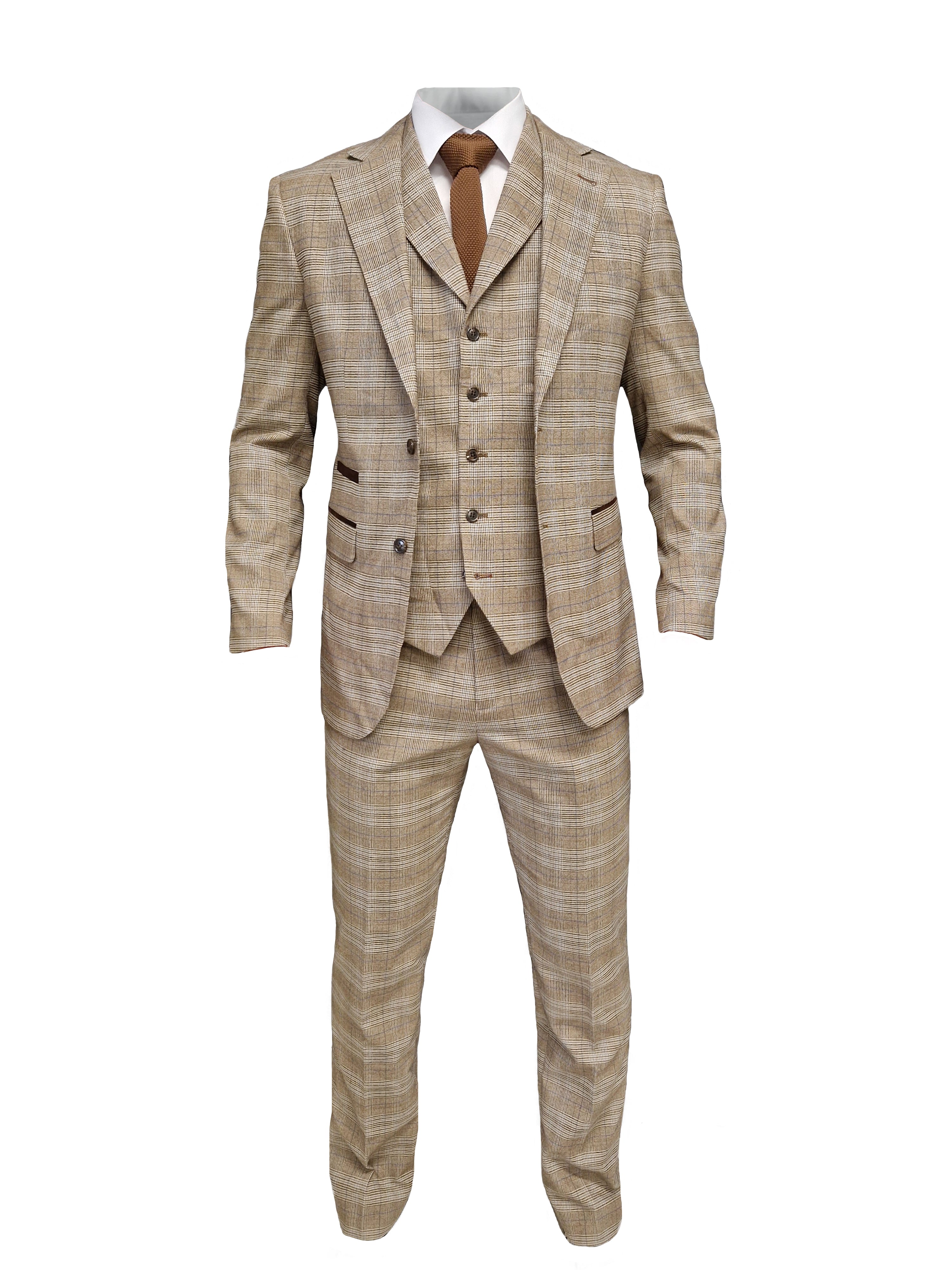 TAVERNY Captain - Men's Three-Piece Checkered Suit in Beige