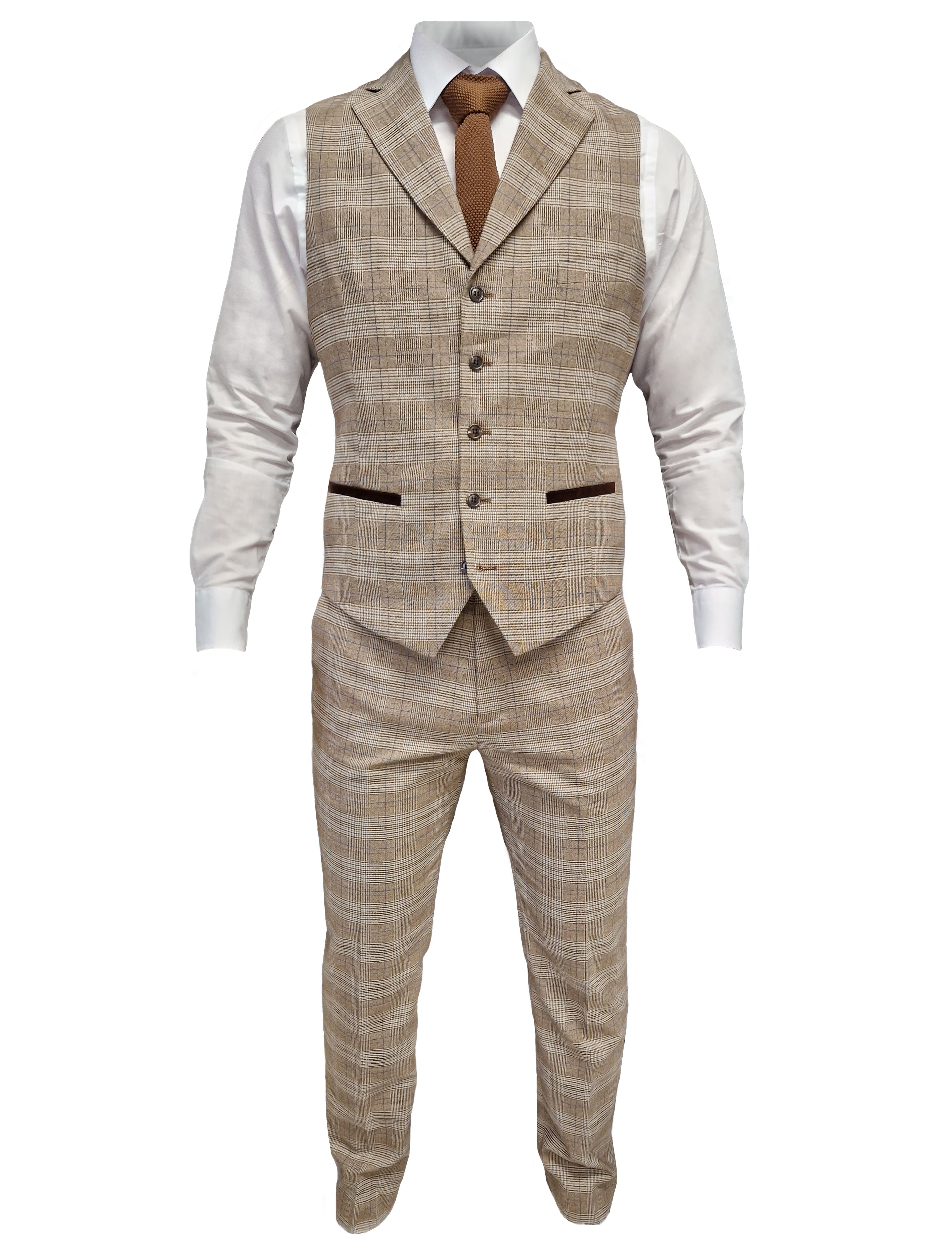 TAVERNY Captain - Men's Three-Piece Checkered Suit in Beige