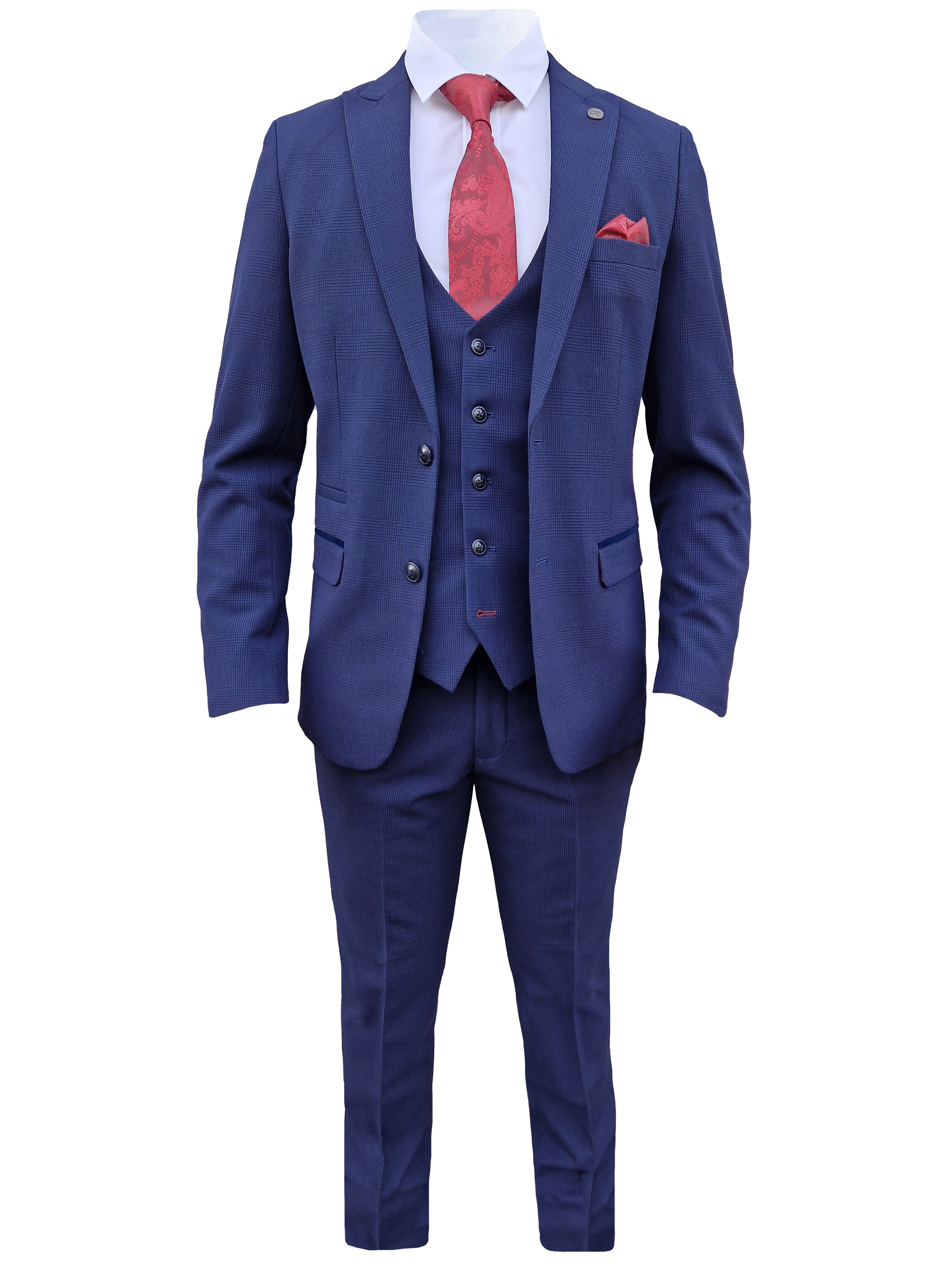 3-Piece Dark Blue Men's Checkered Suit - Bromley Navy Suit