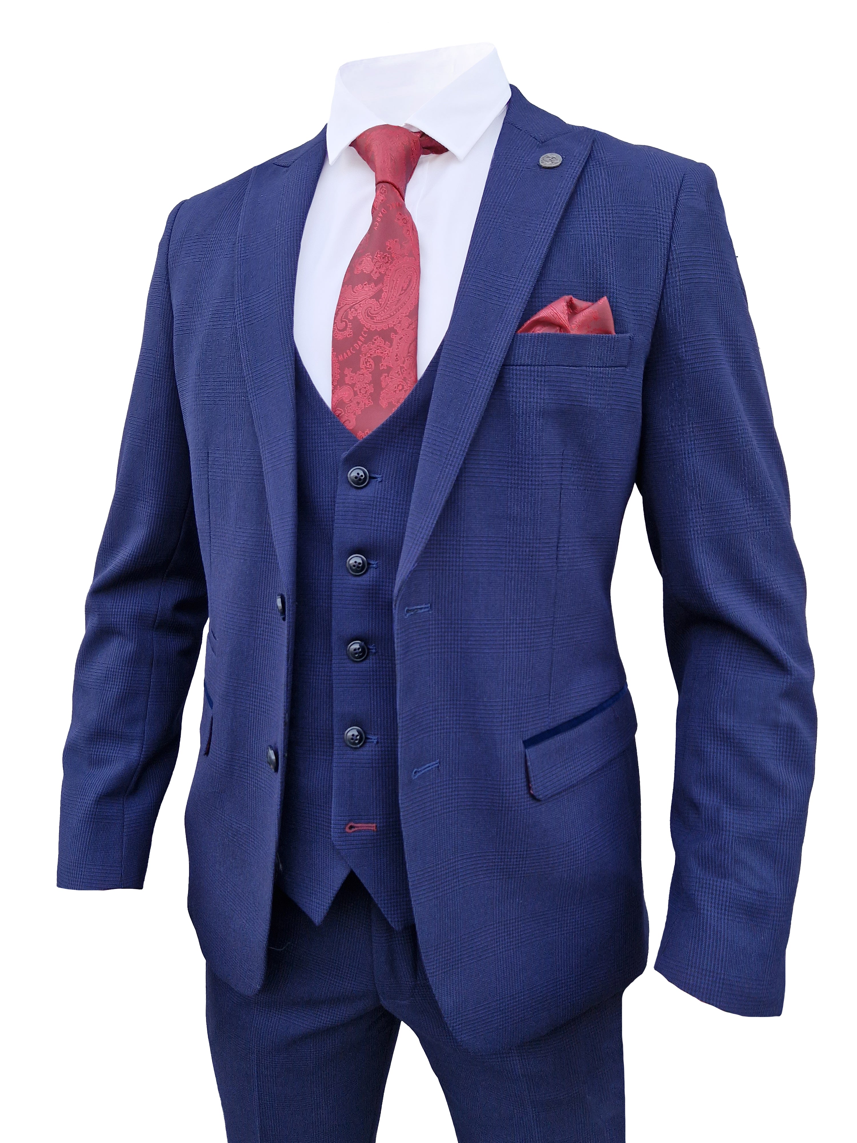 3-Piece Dark Blue Men's Checkered Suit - Bromley Navy Suit