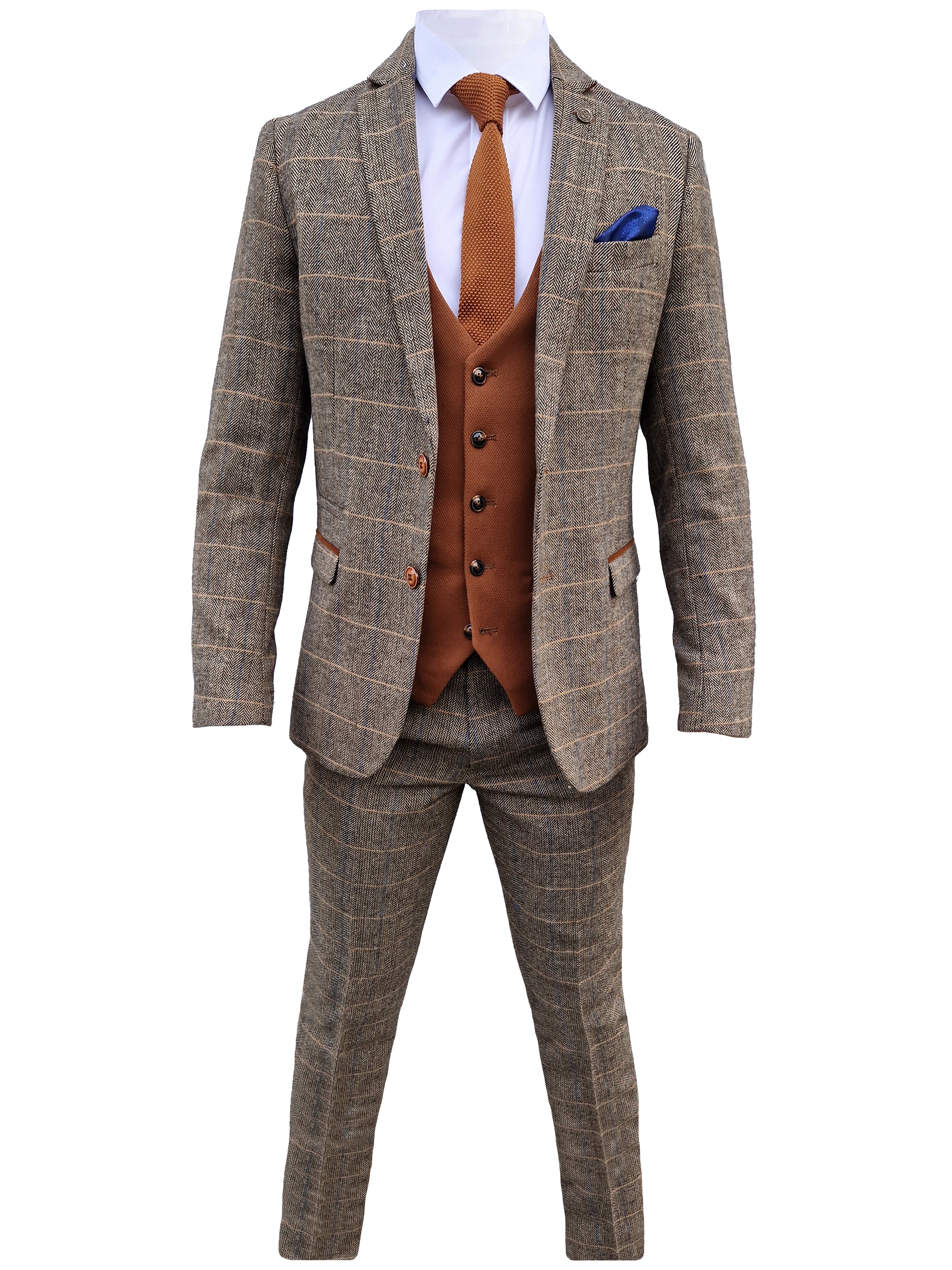 3-Piece Men's Suit Marc Darcy Herringbone Brown - Mix and Match