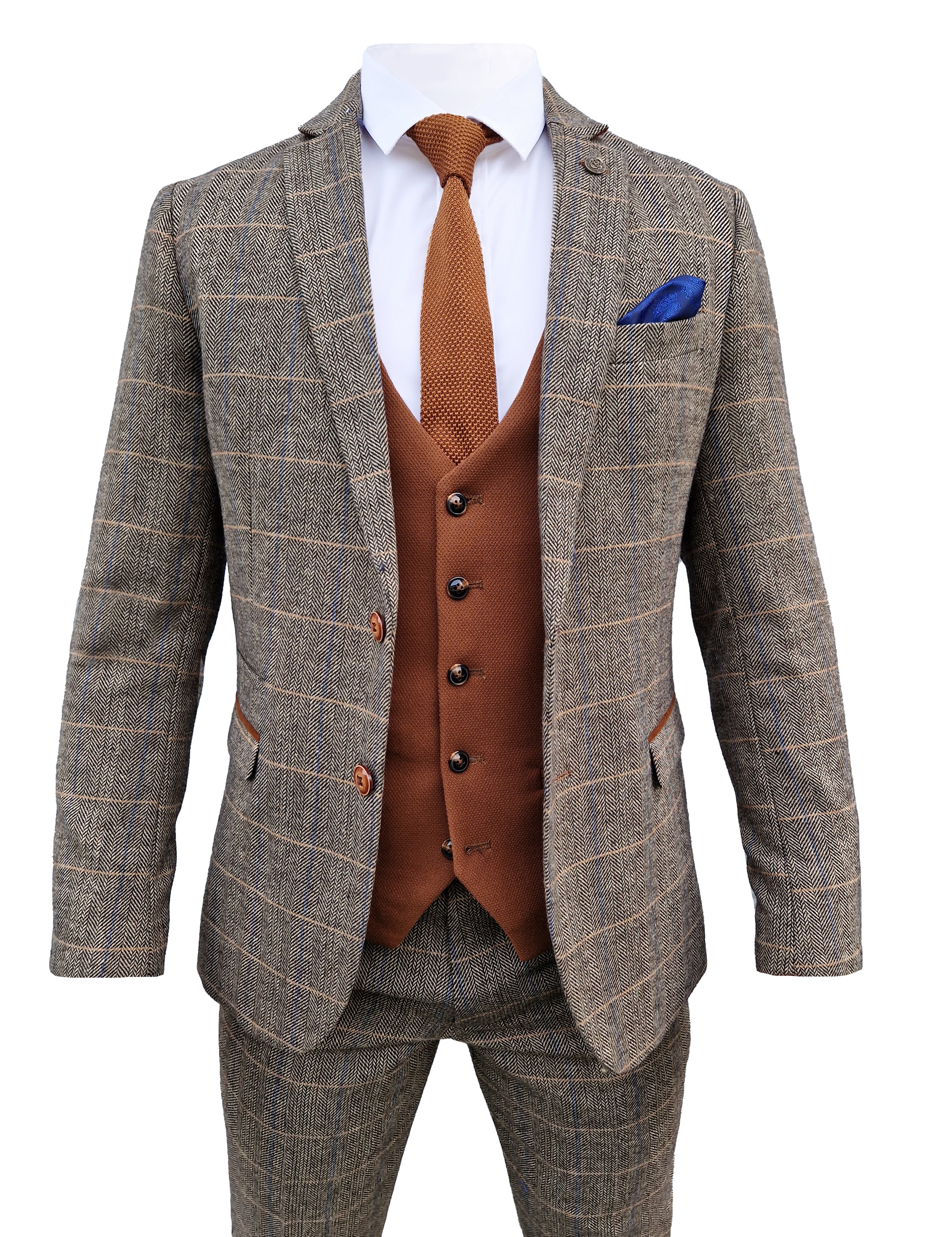 3-Piece Men's Suit Marc Darcy Herringbone Brown - Mix and Match