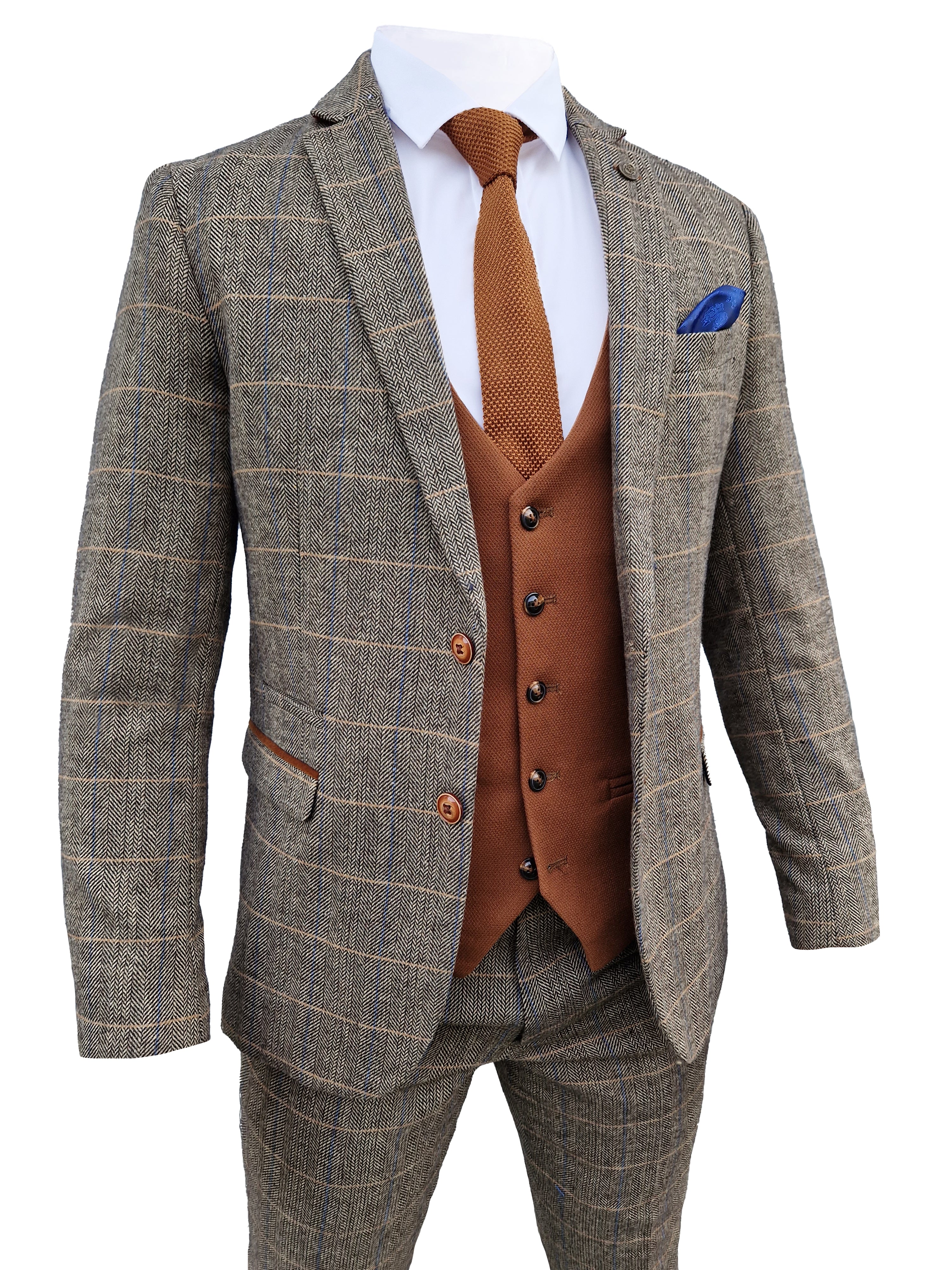 3-Piece Men's Suit Marc Darcy Herringbone Brown - Mix and Match