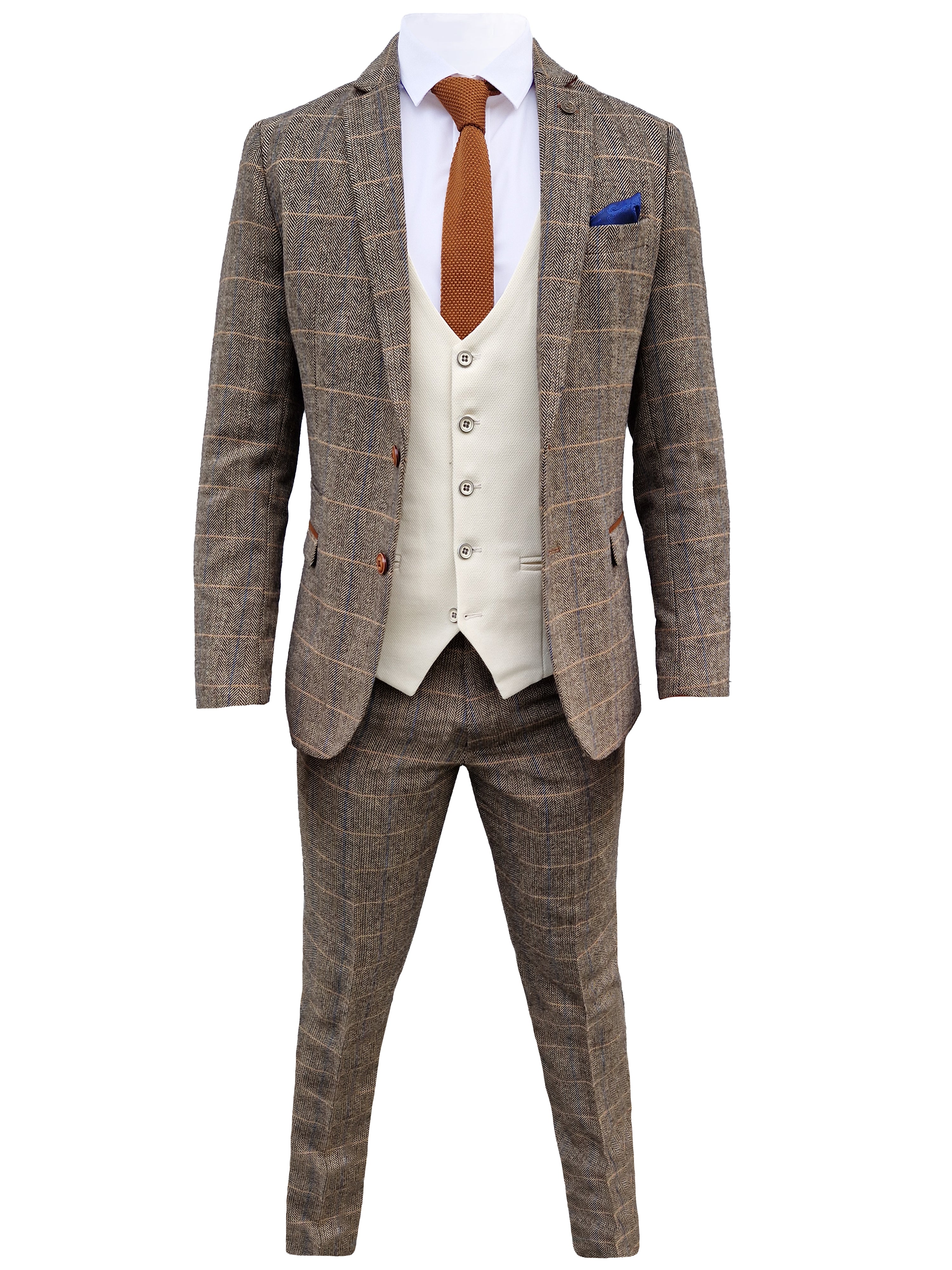 Mix and match - 3-piece Men's Suit Herringbone Brown/Cream