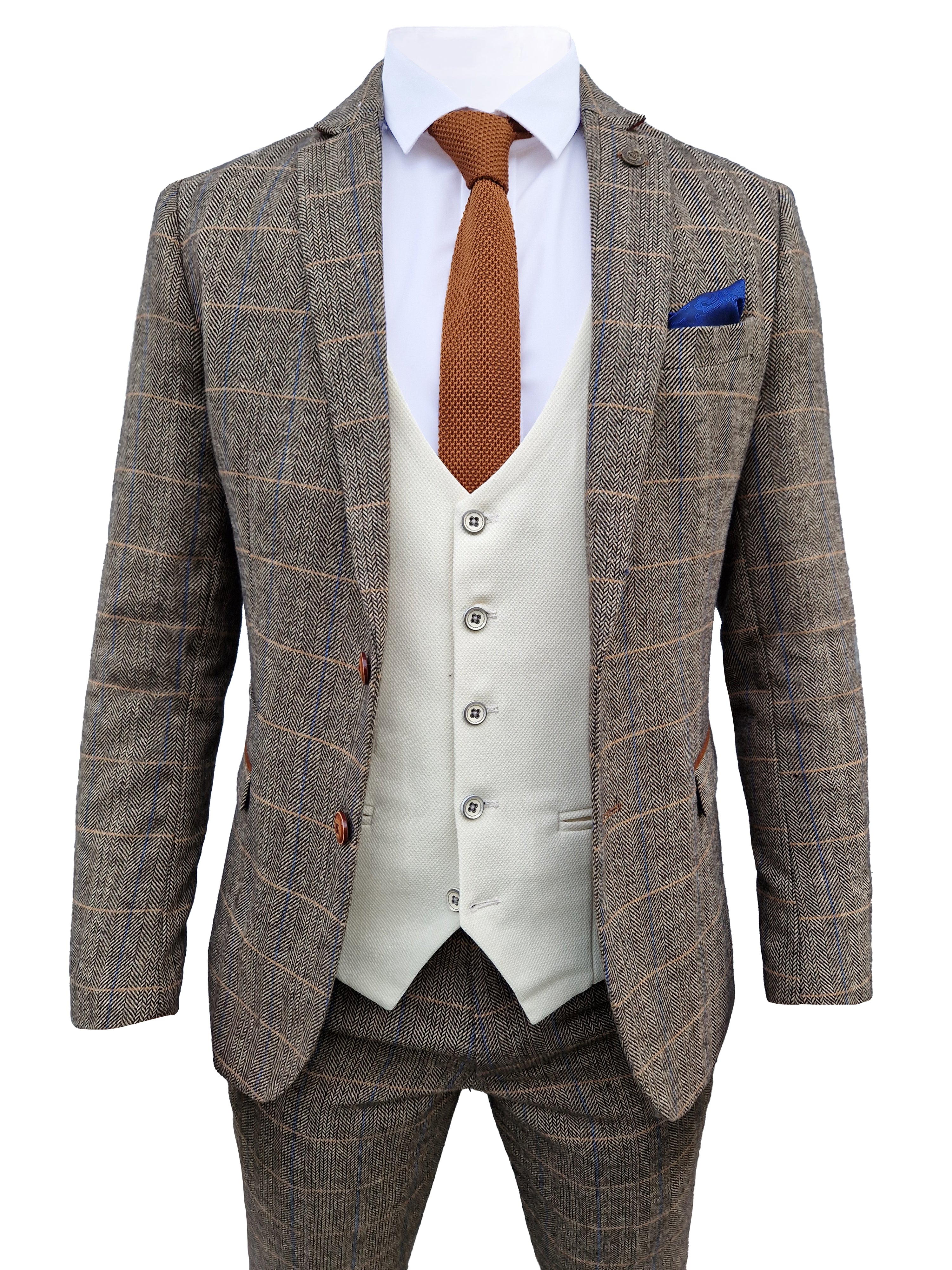 Mix and match - 3-piece Men's Suit Herringbone Brown/Cream