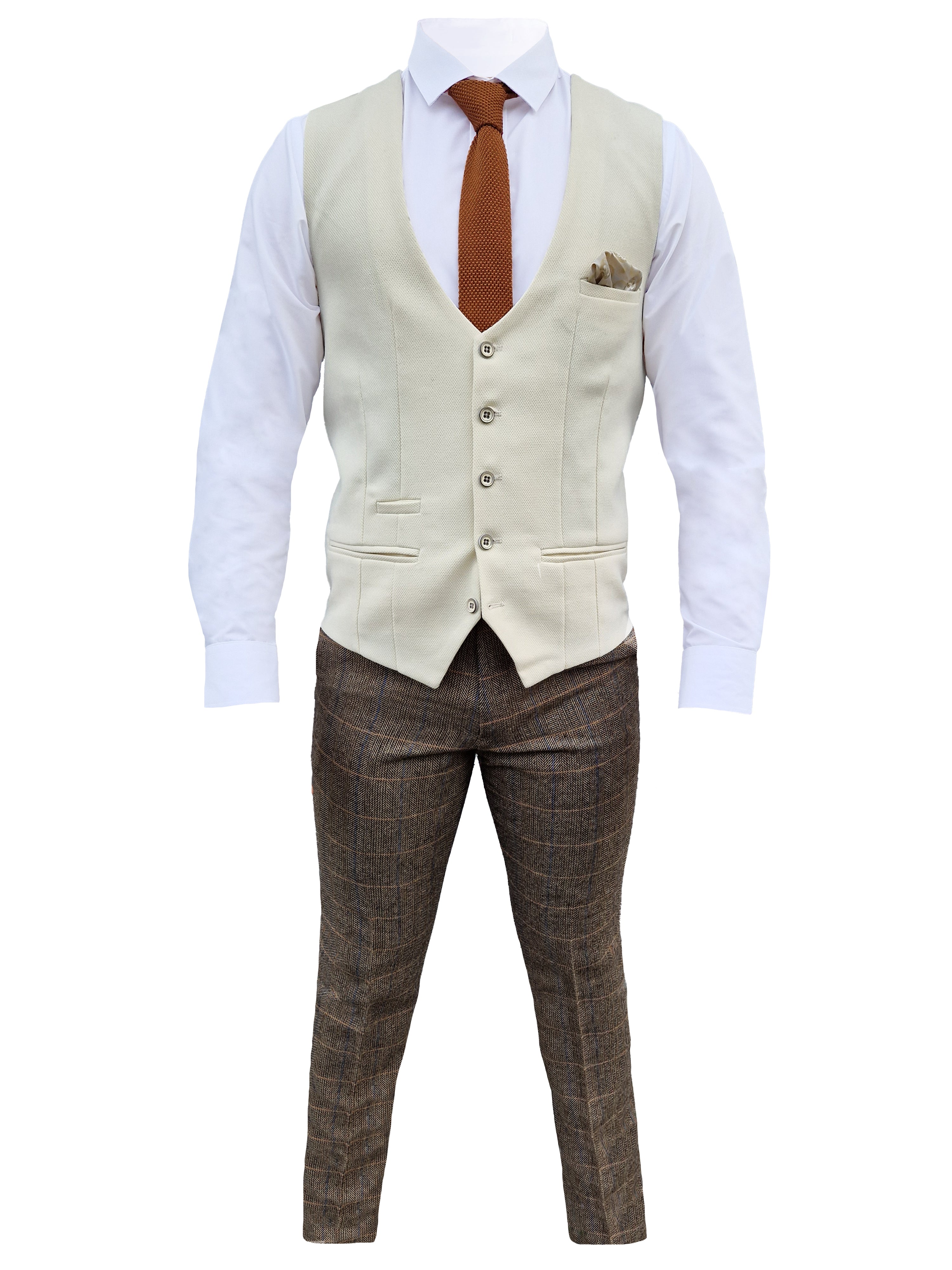 Mix and match - 3-piece Men's Suit Herringbone Brown/Cream