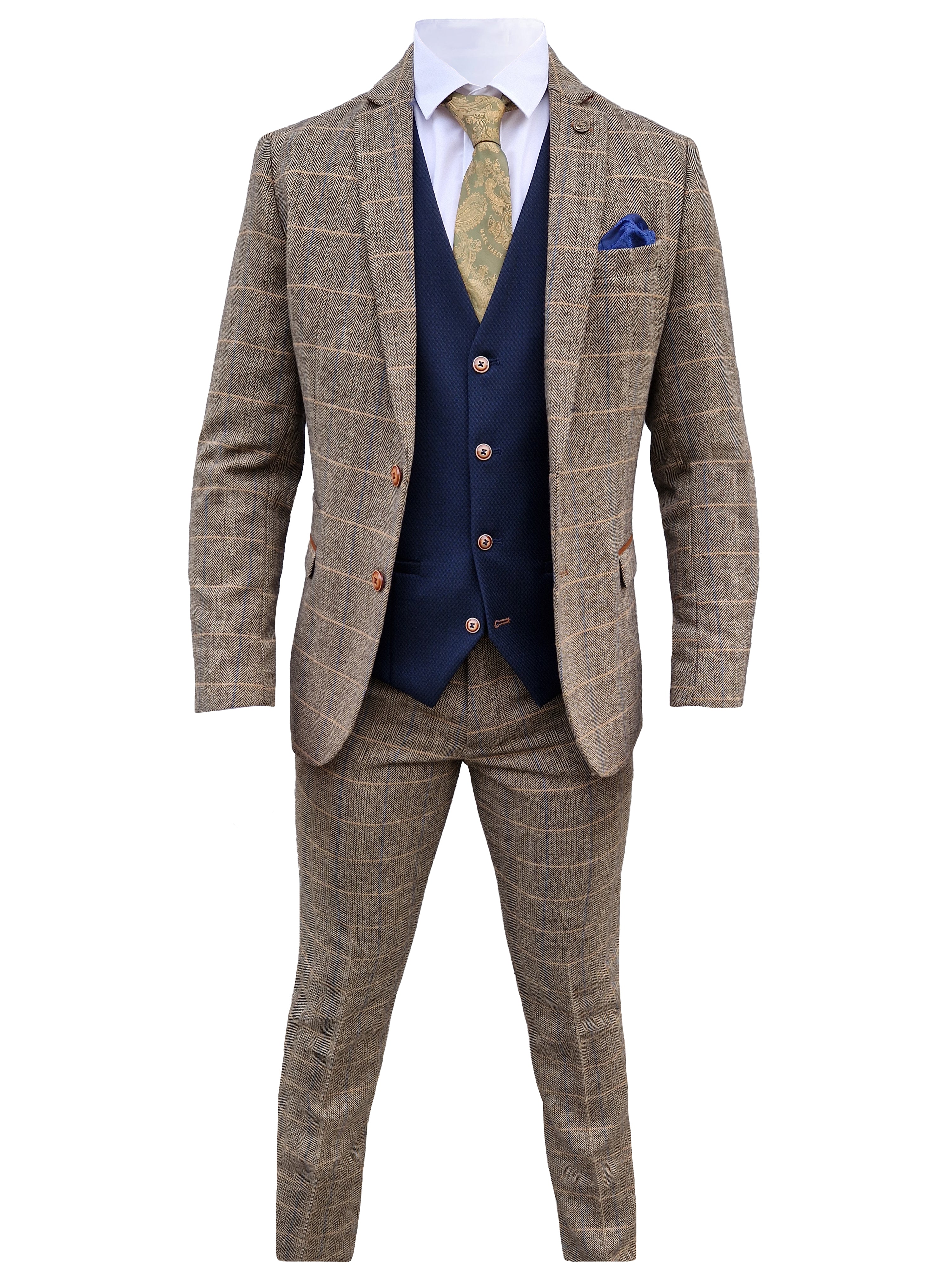 Mix and match - 3-piece Men's Suit Herringbone Brown/Navy