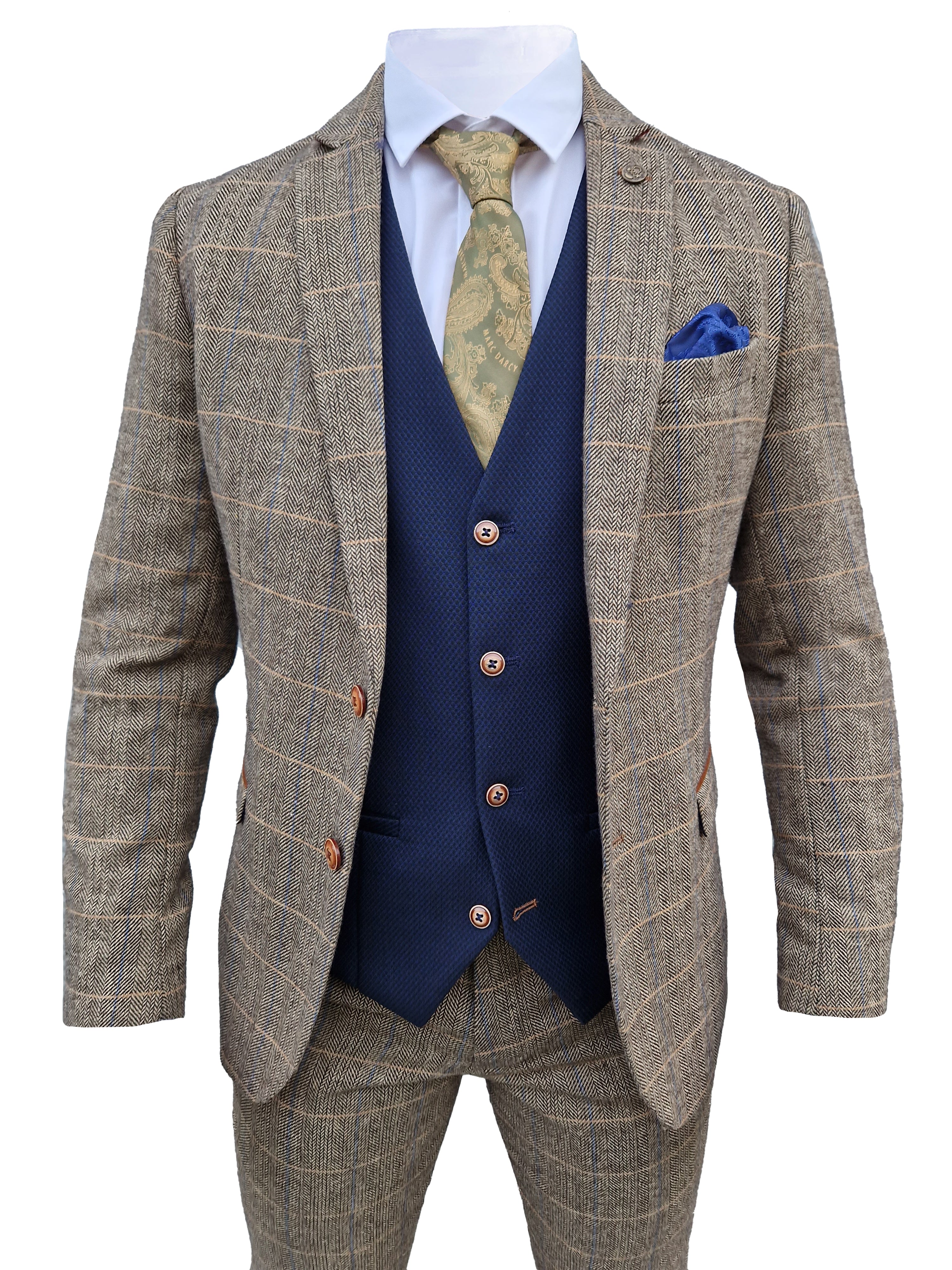 Mix and match - 3-piece Men's Suit Herringbone Brown/Navy