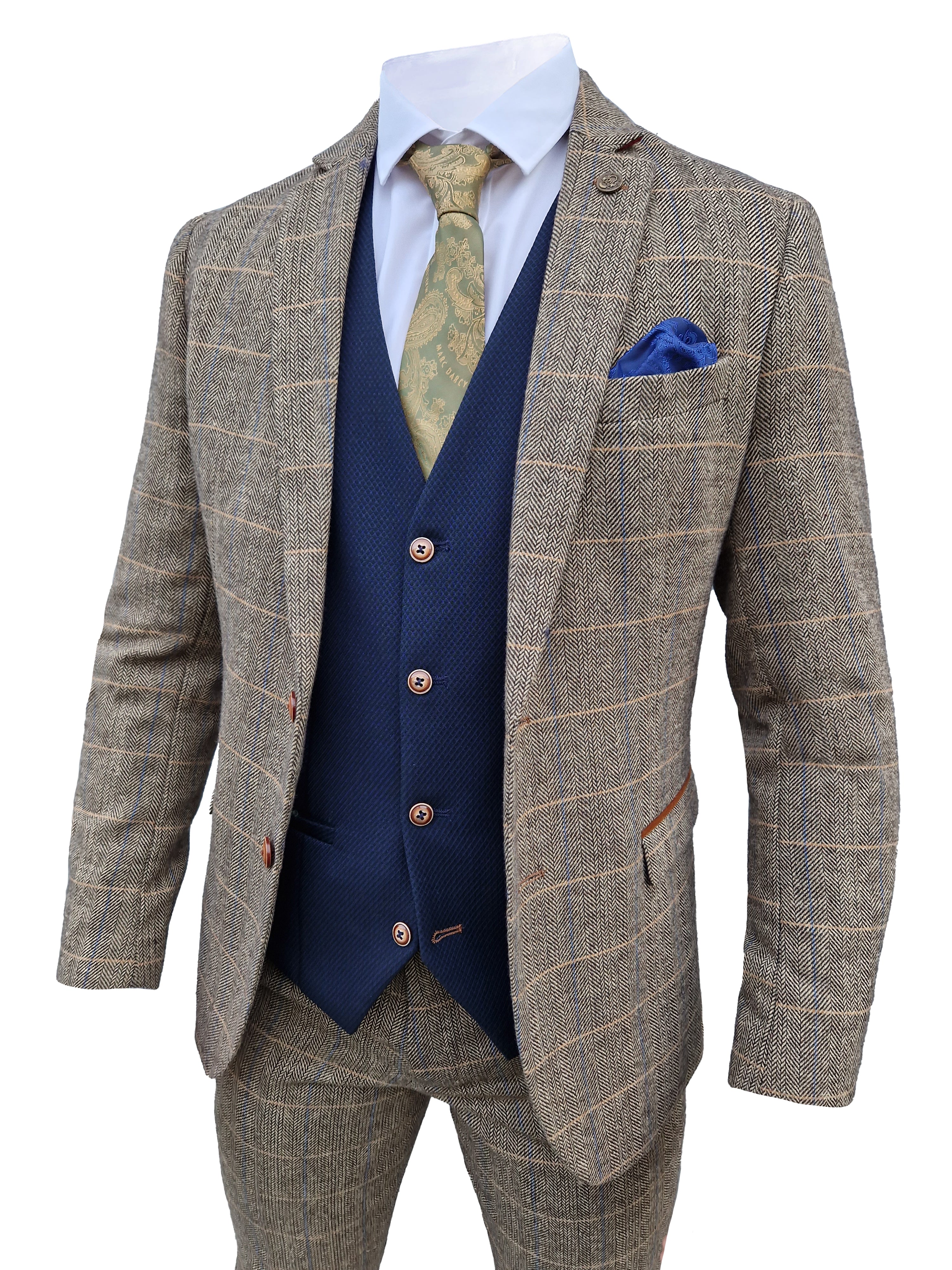 Mix and match - 3-piece Men's Suit Herringbone Brown/Navy