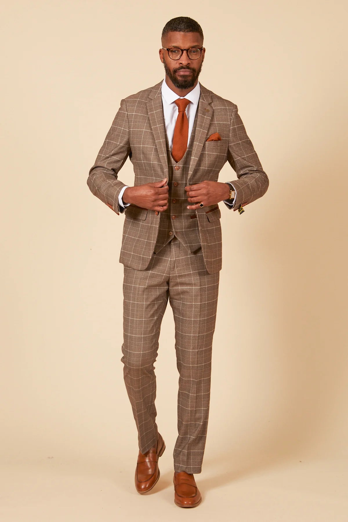 3-Piece Suit - Beige Men's Checkered Suit - Marc Darcy Ray Tan Suit