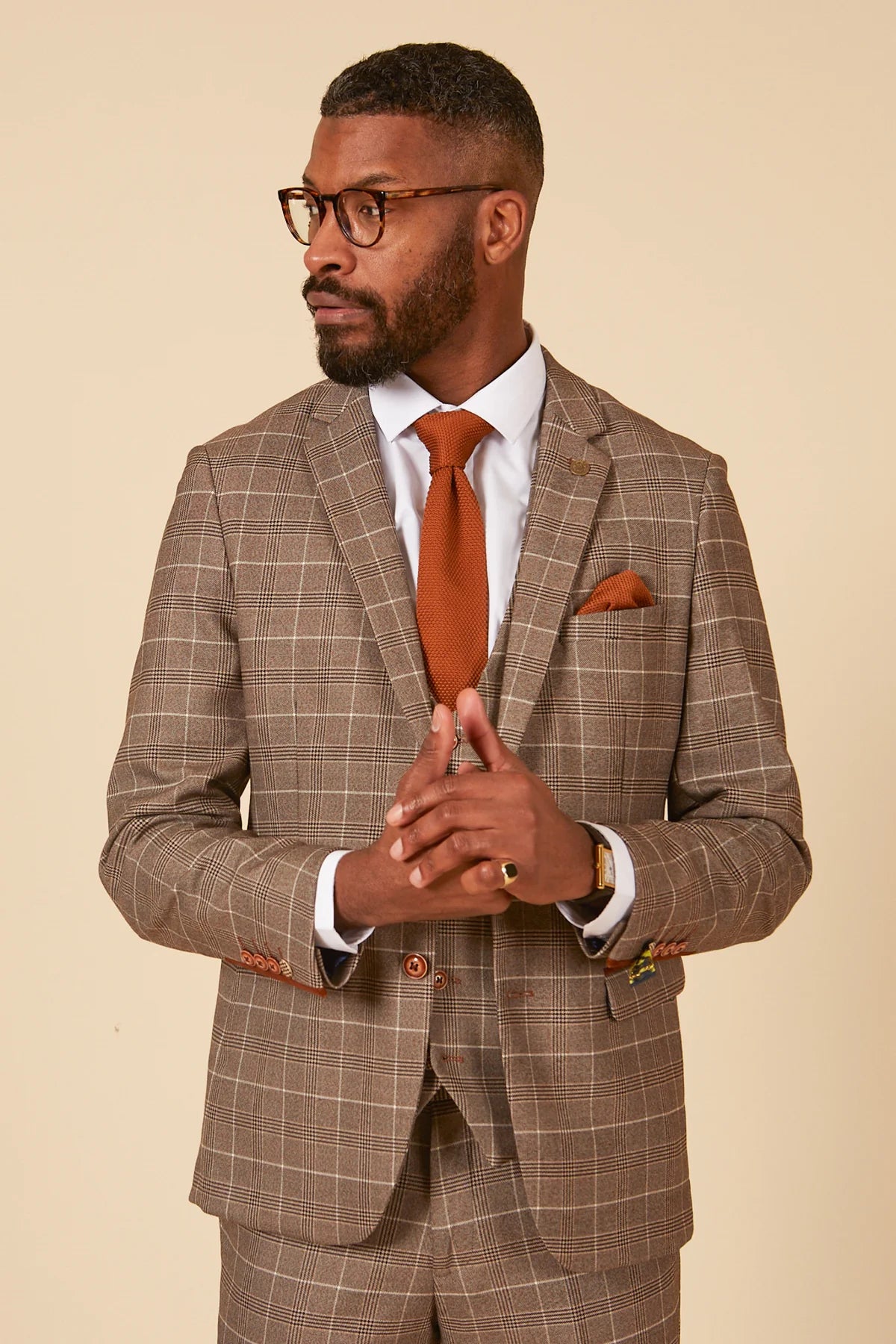 3-Piece Suit - Beige Men's Checkered Suit - Marc Darcy Ray Tan Suit