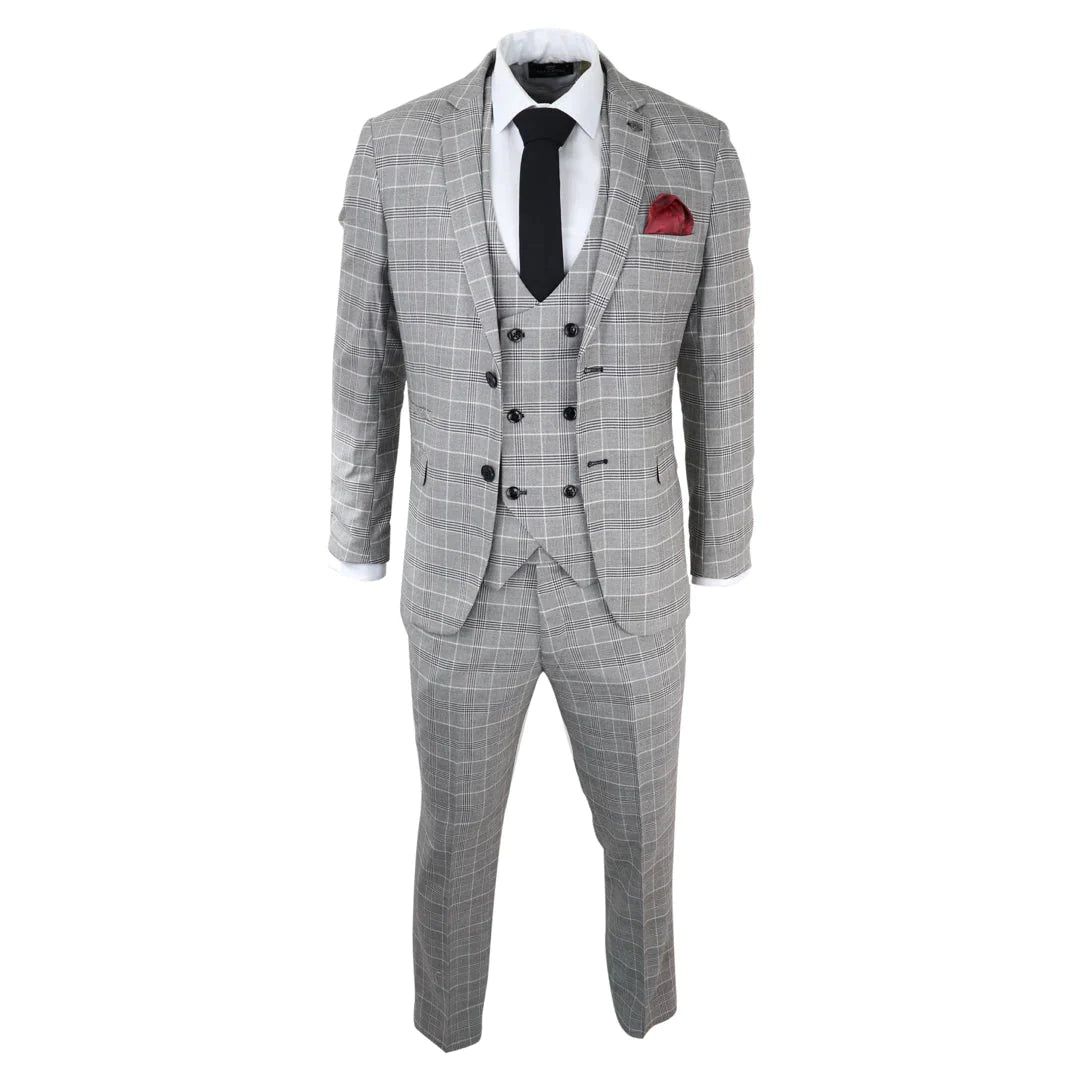 3-Piece Checked Men's Suit - Ross Grey Check