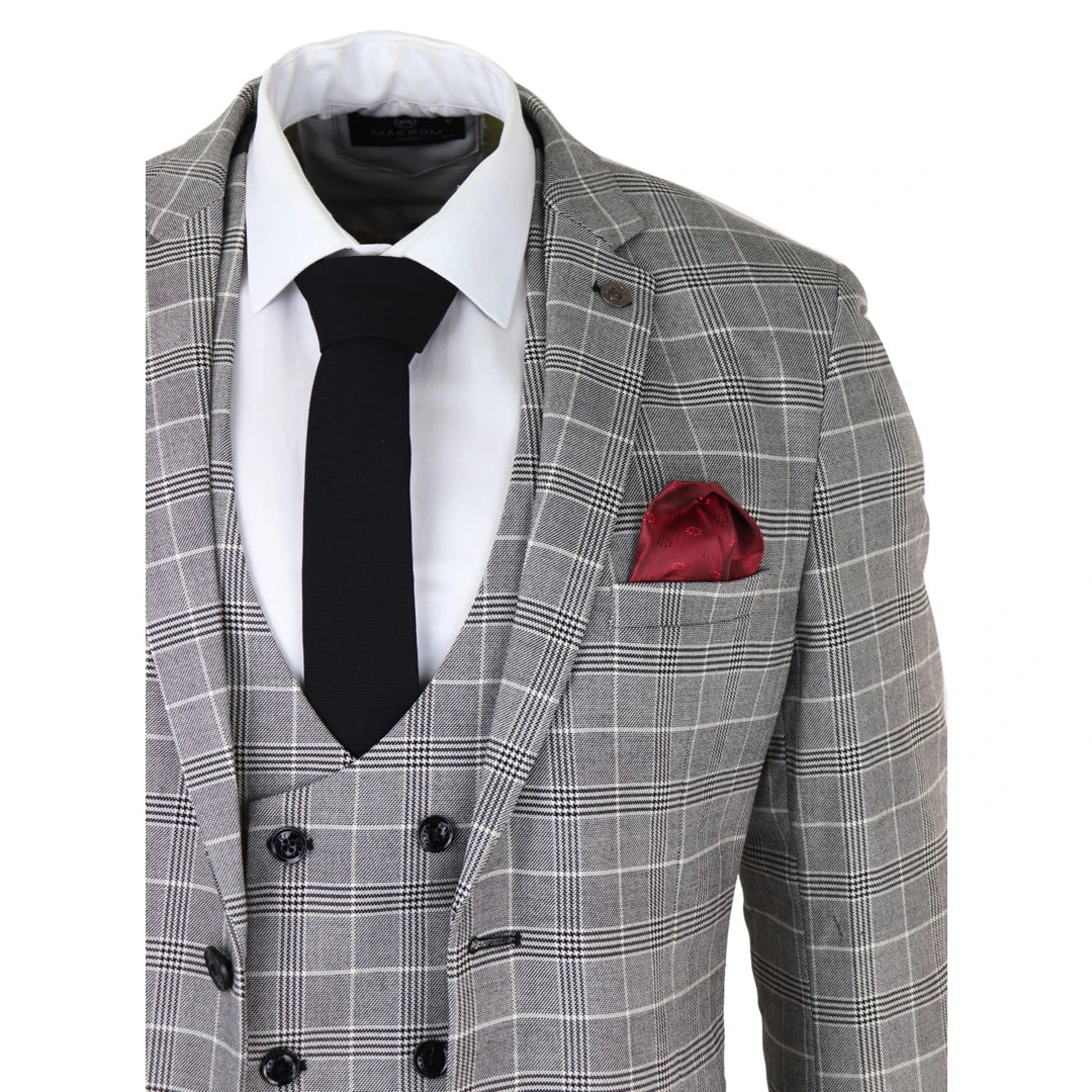 3-Piece Checked Men's Suit - Ross Grey Check