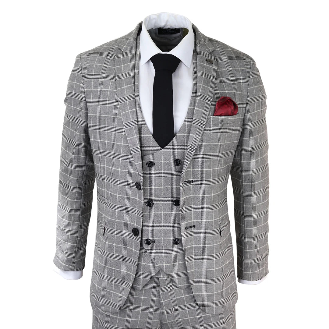 3-Piece Checked Men's Suit - Ross Grey Check