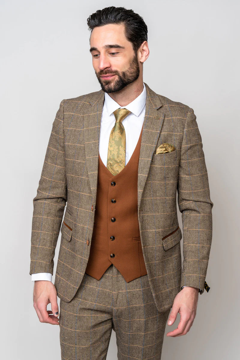 3-Piece Men's Suit Marc Darcy Herringbone Brown - Mix and Match