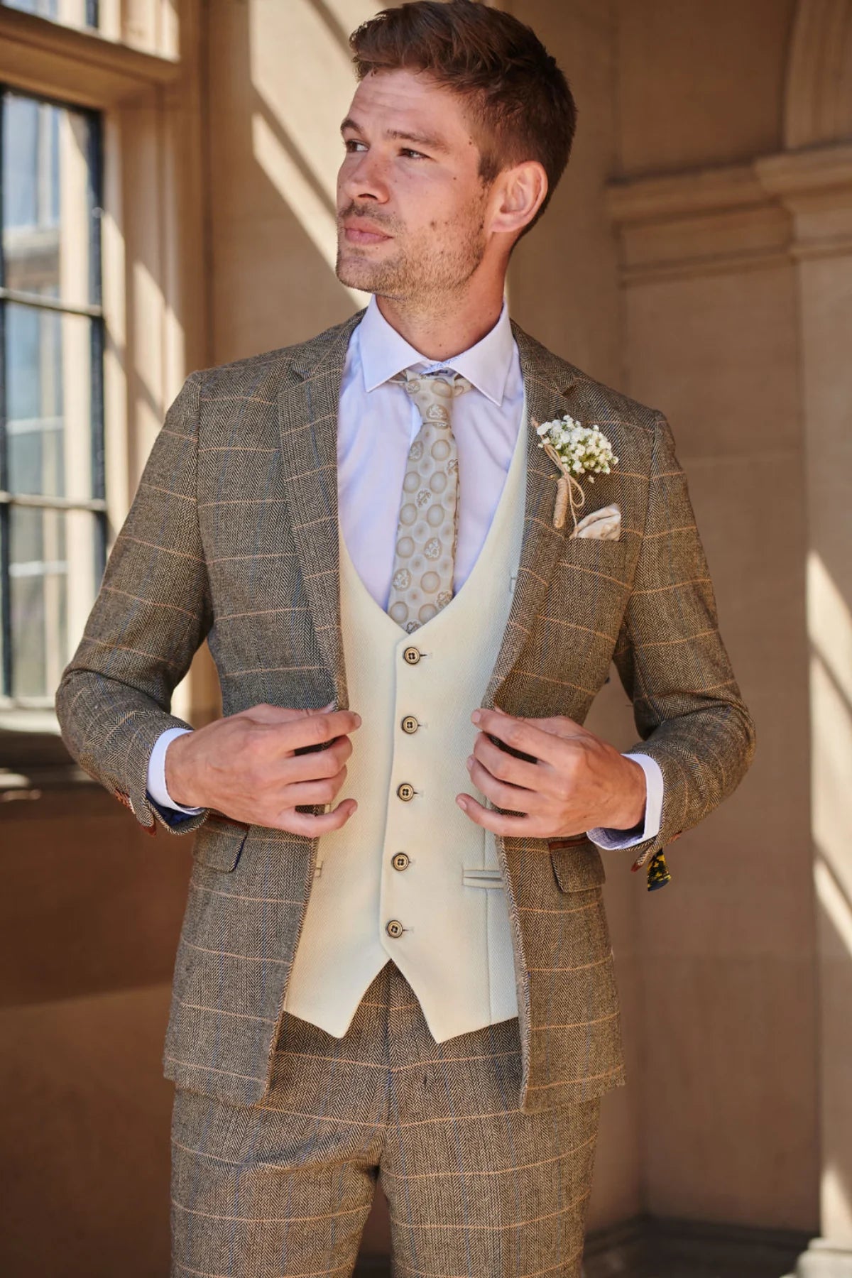 Mix and match - 3-piece Men's Suit Herringbone Brown/Cream