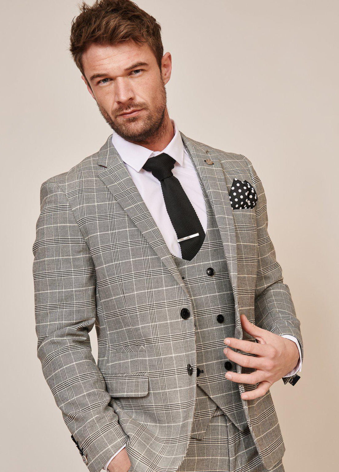 3-Piece Checked Men's Suit - Ross Grey Check