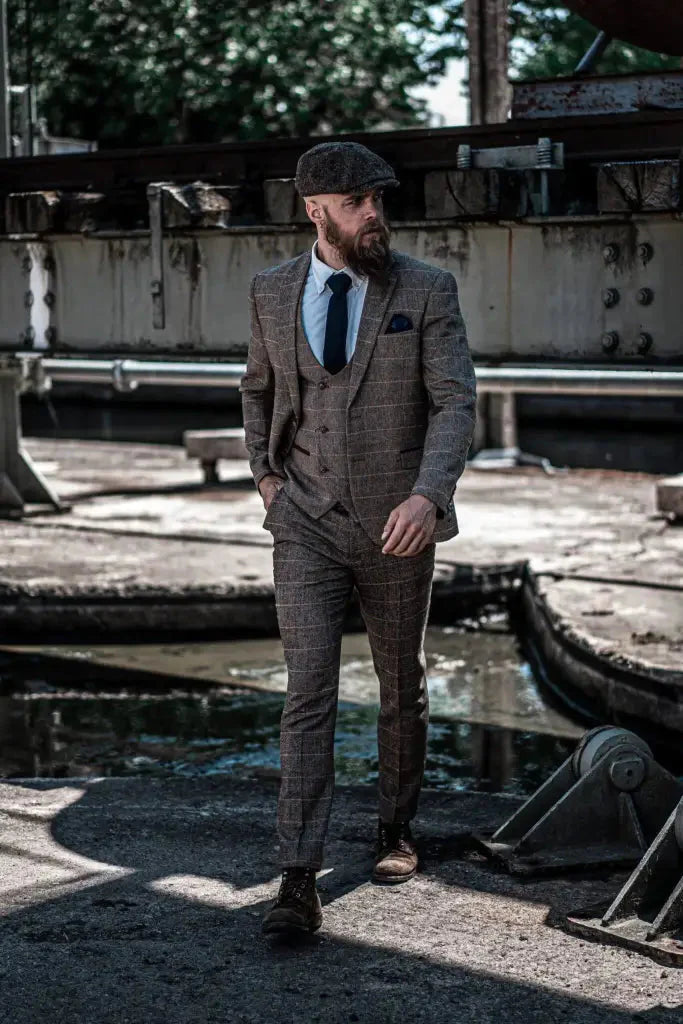 3-Piece Suit Double Breasted, Herringbone Brown Classic