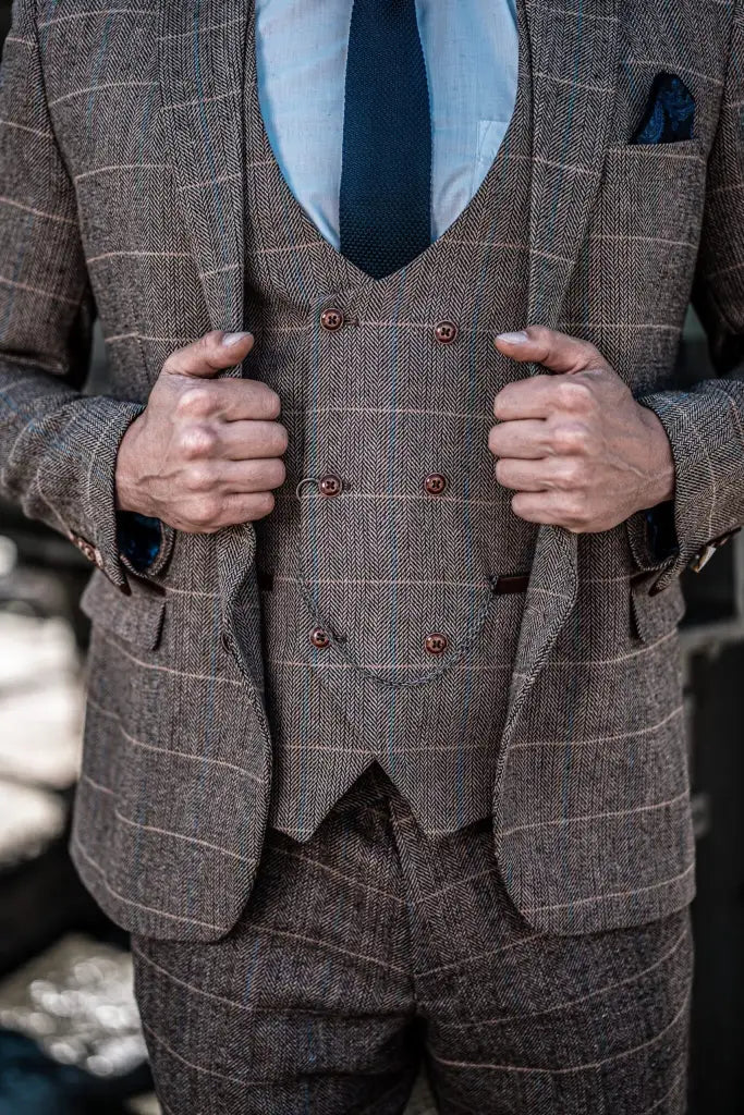 3-Piece Suit Double Breasted, Herringbone Brown Classic