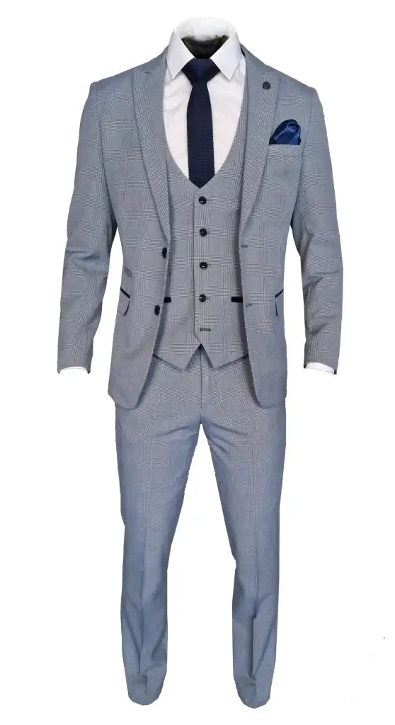 3-Piece Light Blue Men's Checkered Suit - Bromley Sky Suit