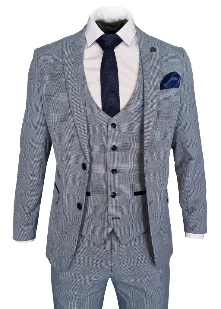 3-Piece Light Blue Men's Checkered Suit - Bromley Sky Suit