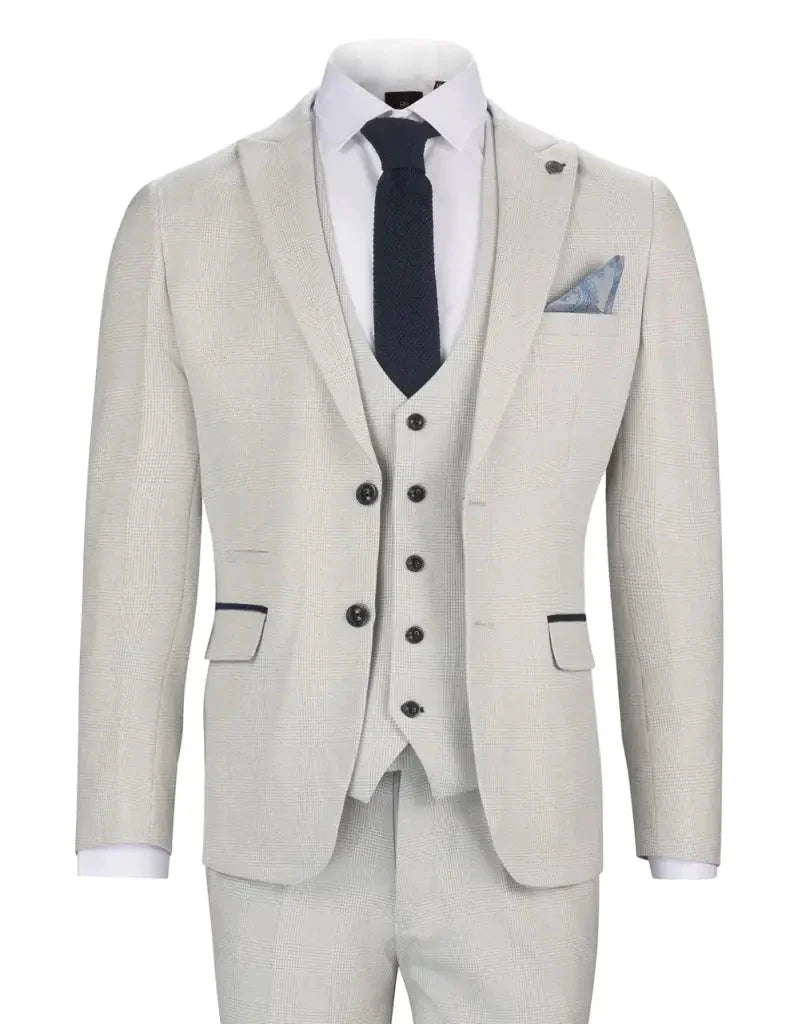 3-Piece White Men's Checkered Suit - Bromley Stone Suit