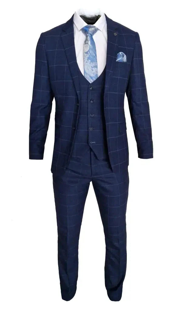 Navy Blue Men's Suit - 3-Piece Checkered Costume - Edison Navy