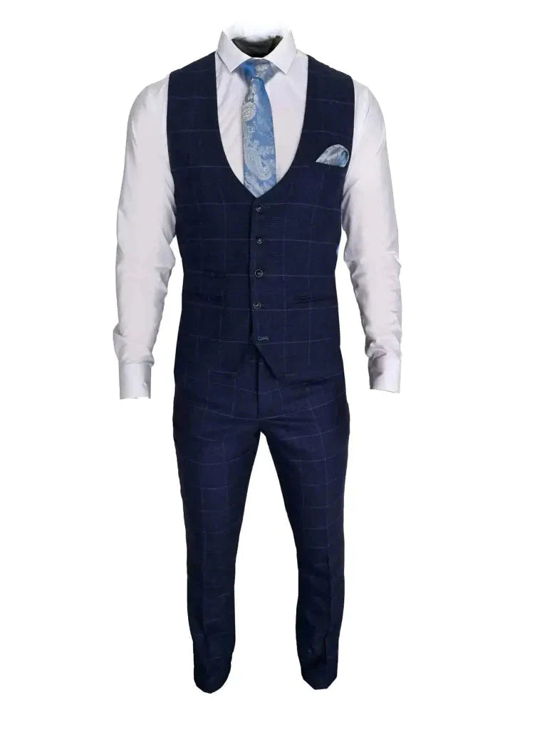 Navy Blue Men's Suit - 3-Piece Checkered Costume - Edison Navy