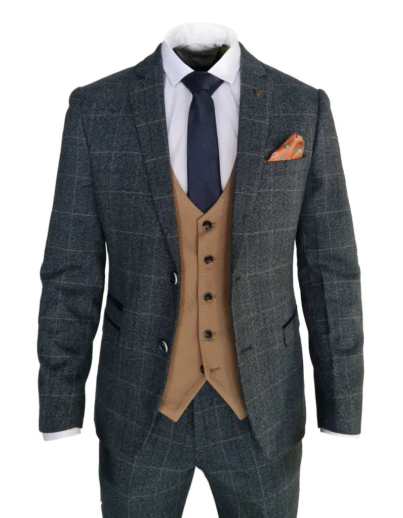 Three-Piece Blue Suit - Scott Blue Tan Match - Single Breasted