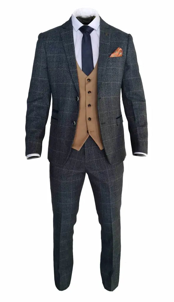 Three-Piece Blue Suit - Scott Blue Tan Match - Single Breasted