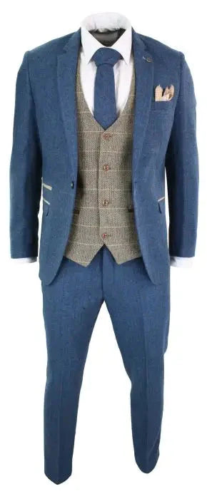 Three-Piece Suit Blue/Brown Herringbone