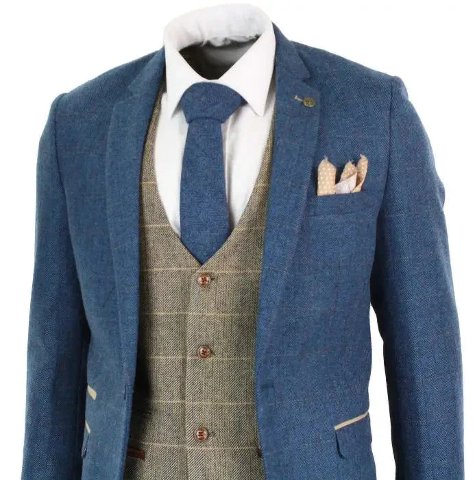 Three-Piece Suit Blue/Brown Herringbone