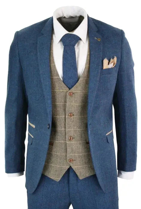 Three-Piece Suit Blue/Brown Herringbone