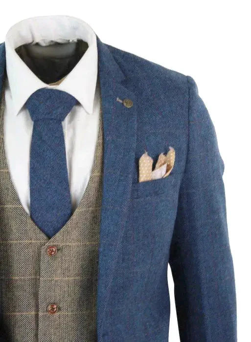 Three-Piece Suit Blue/Brown Herringbone