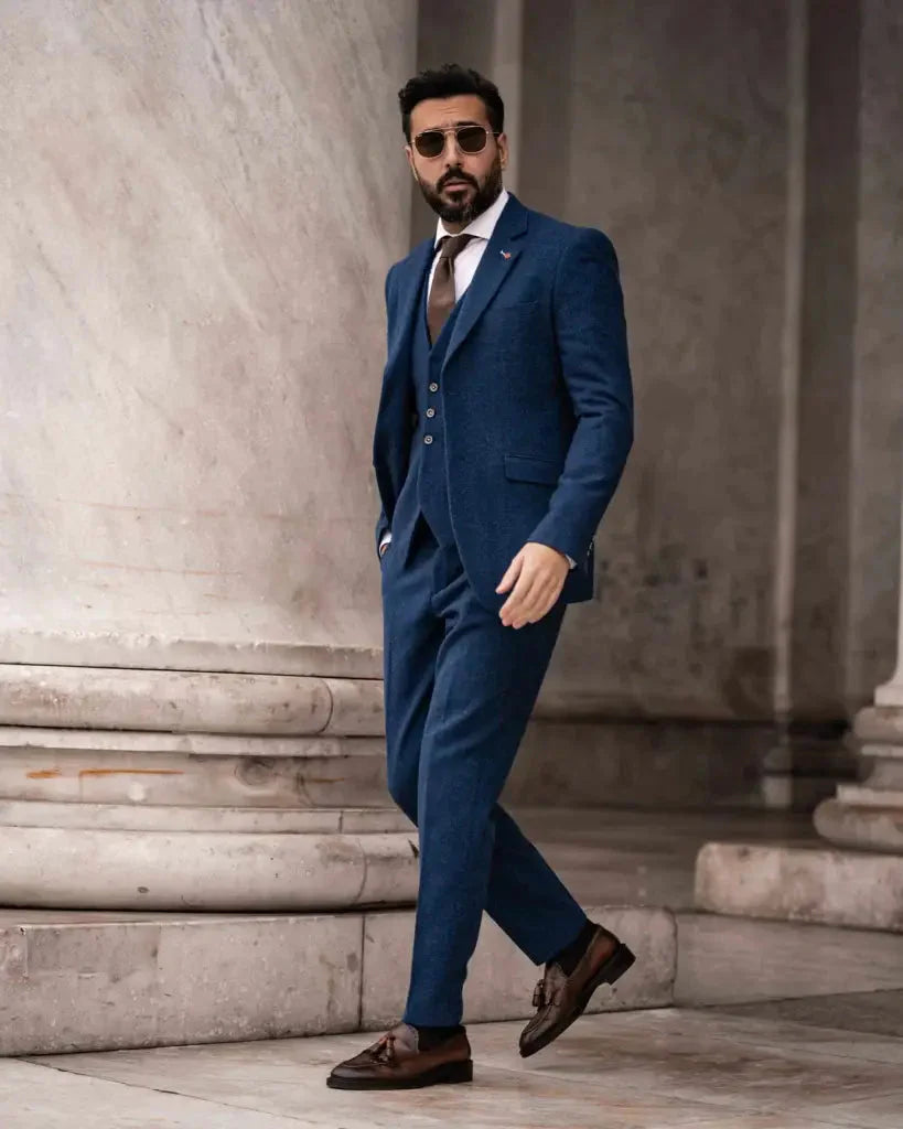 Men's Tweed Slim Fit Suit - Cavani Orson Blue