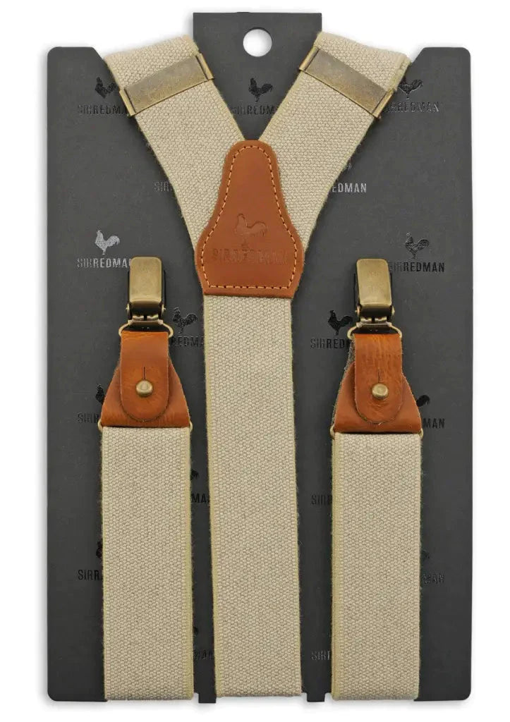 Classic Essential Ecru Suspenders with Brown Leather Loops