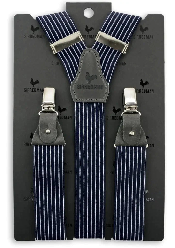 Classic Navy Blue Suspenders with Gray Leather Loops