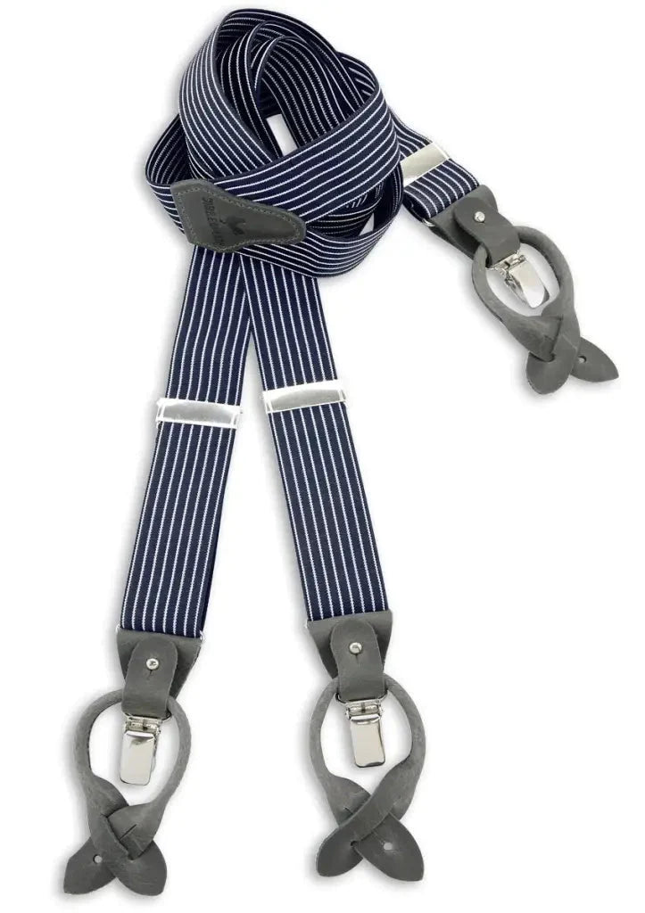 Classic Navy Blue Suspenders with Gray Leather Loops